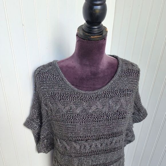 Express Brown Mohair Fuzzy Short Sleeved Metallic Thread Tunic Sweater Dress M - Picture 3 of 13